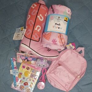Little Girl's Pink Plush Throw and Backpack Set